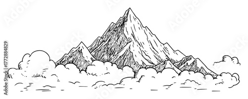 monochrome hand-drawn vector sketch of tall mountain peak emerging from clouds