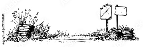 monochrome hand-drawn vector sketch of overgrown roadside with old signs and tires