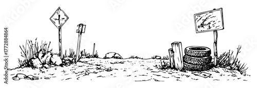 hand-drawn vector illustration of deserted roadside with worn signs and scattered objects
