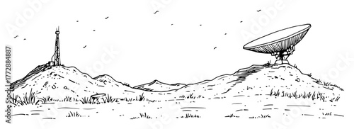 hand-drawn vector illustration of satellite dish and telecom tower on mountain landscape