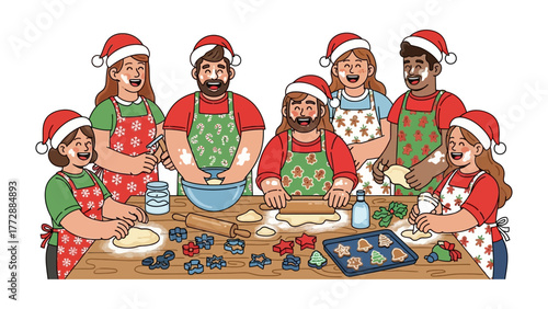 Christmas Kitchen Crew: A heartwarming scene unfolds as a group of people, donned in festive attire, come together to bake cookies, creating a joyous atmosphere and spreading holiday cheer.