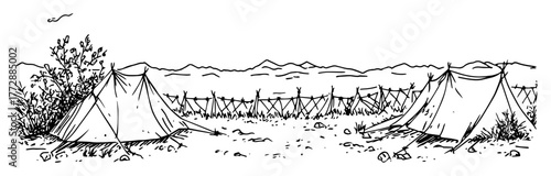 monochrome hand-drawn vector sketch of military tents behind barbed wire in desert landscape