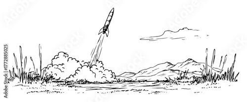 hand-drawn vector illustration of rocket launch in mountainous area in outline style