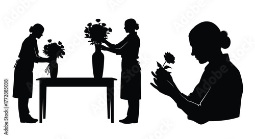 Silhouette illustration of women arranging flowers and admiring the bouquet