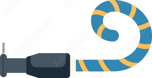 Blue party blower with yellow stripes is making noise for celebrating a birthday