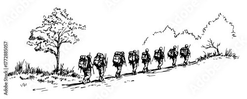 hand-drawn vector illustration of hiking group walking in forest trail