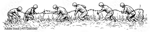 monochrome hand-drawn vector sketch of workers planting rice in a field