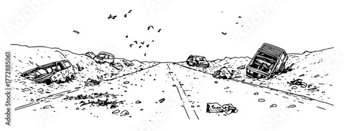 hand-drawn vector illustration of abandoned road with wrecked vehicles and desert landscape