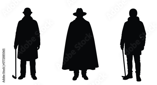 Silhouettes of three figures in coats and hats standing together