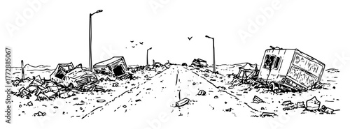 monochrome hand-drawn vector sketch of post-apocalyptic street with destroyed buildings and debris