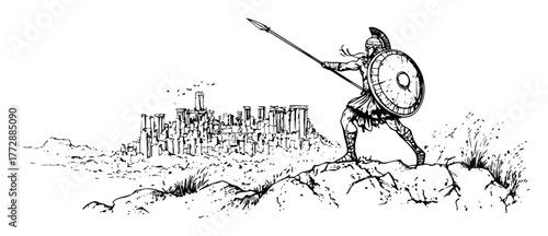 hand-drawn vector illustration of ancient greek warrior with spear and shield