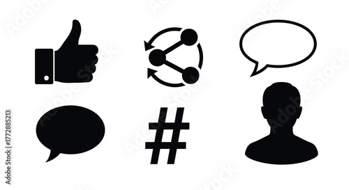 Black social media icons including likes shares and profile silhouettes
