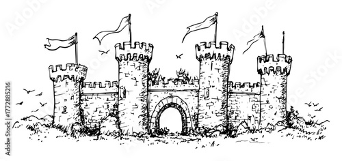 hand-drawn vector illustration of medieval castle with towers and flags in outline style