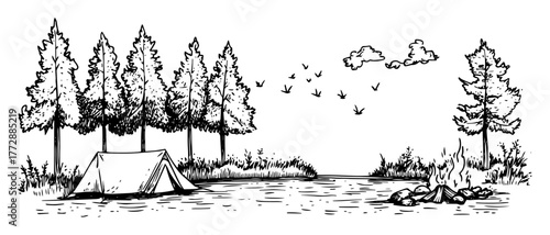 hand-drawn vector illustration of forest campsite with tent and campfire