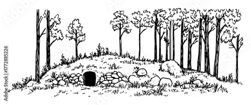 monochrome hand-drawn vector sketch of ancient burial mound in forest clearing