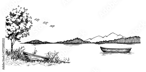 hand-drawn vector illustration of calm lake landscape with boats and mountains
