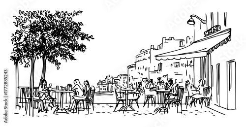 hand-drawn vector illustration of street cafe with people in european city