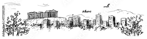hand-drawn vector illustration of athens cityscape with parthenon and modern buildings