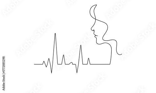
One line drawing woman face with one line heart vector illustration minimalist art design on whit backround