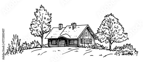 hand-drawn vector illustration of countryside wooden cabin with trees in outline style