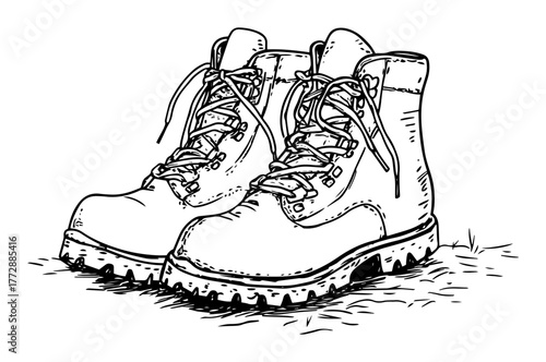 hand-drawn vector illustration of hiking boots in monochrome outline sketch style