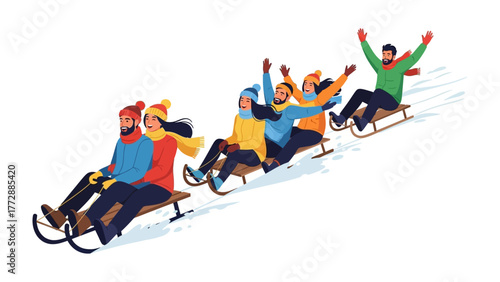 Joyride Downhill: A group of friends embark on a winter adventure, joyfully sledding down a snowy slope, embracing the chill and thrills of a winter's day.