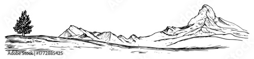 hand-drawn vector landscape of swiss mountains with matterhorn in outline sketch style