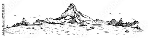 monochrome hand-drawn vector illustration of matterhorn mountain in swiss alps