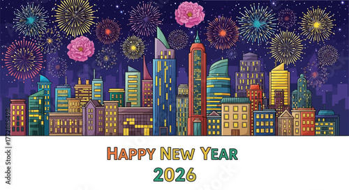 Festive fireworks illuminate a vibrant city skyline for the new year