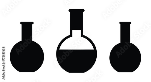 Simple black silhouette illustration of three round bottom laboratory flasks