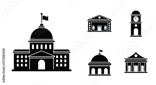 Black and white icons depicting various governmental and public buildings