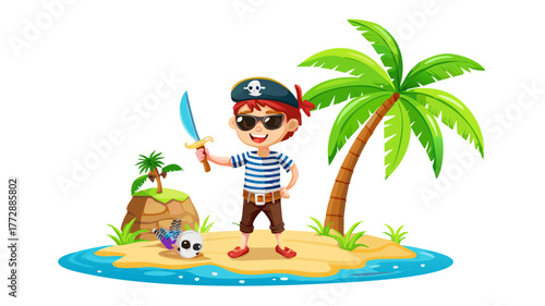 A funny 3D cartoon boy pirate with eye patch, striped shirt, and wooden sword, standing on a treasure island with parrot and palm trees