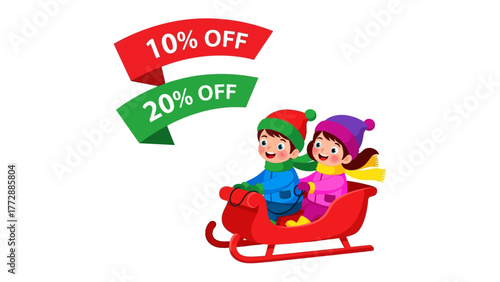 Winter Sale: Joyful children bundled up in winter attire gleefully ride a red sled, adorned with sale banners, offering discounts, perfectly capturing the spirit of winter sales.