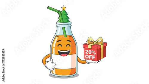 Festive Gift with Juice: A cheerful cartoon juice bottle, adorned with a Christmas tree straw, offers a gift box with a discount, radiating festive cheer. 