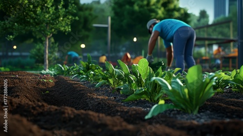 Gardener working in urban community garden, nurturing spinach plants in outdoor setting during daylight