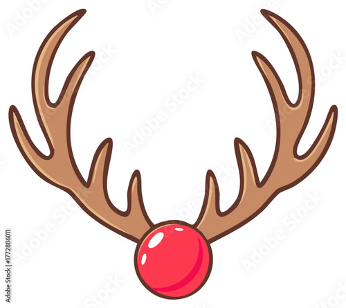 Cute illustration of a Christmas reindeer with a shiny red nose and antlers