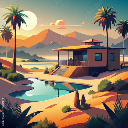 Tropical oasis house with pool and palm trees at sunset