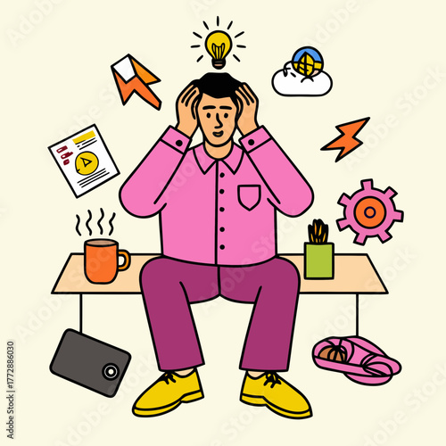 Man with many ideas and tasks overwhelmed by work