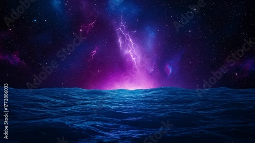 Wallpaper Mural Surreal ocean scene with vibrant cosmic sky and dramatic lightning, representing the beauty of nature and space Torontodigital.ca