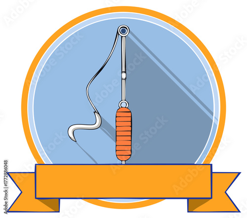 Flat design vector icon of a fishing gaff tool in a circular emblem with a blank banner