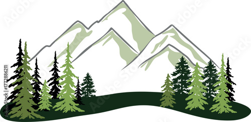 Alaska Mountains and Pine Trees Vector Illustration