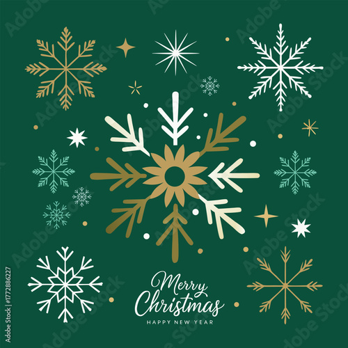 Festive Christmas and New Year Card Vector with Elegant Merry Christmas Text and Gold Snowflake Design