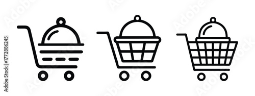 Food Ordering and Takeaway E-commerce Icon Set | Cloche in Shopping Cart