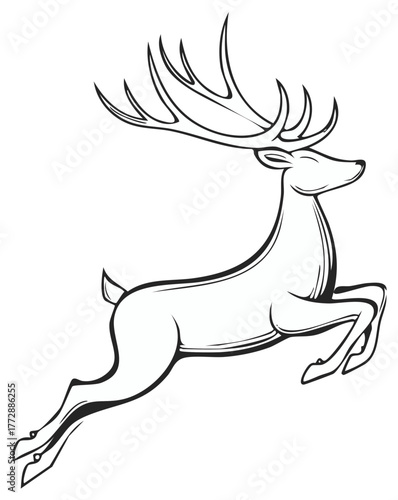 Stylized Leaping Stag with Large Antlers Line Art Illustration