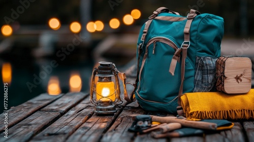 Cozy camping setup with a teal backpack, lantern, and camping gear on a wooden dock by the water