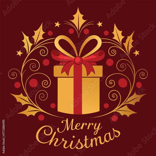 Elegant Christmas Card Vector Golden Gift Box Red Background Holiday Greeting