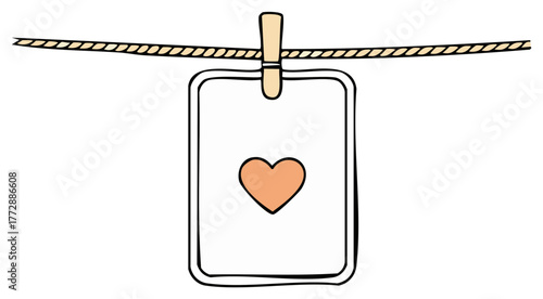 Hand drawn greeting card with a simple heart hanging on a rope with a clothespin doodle illustration