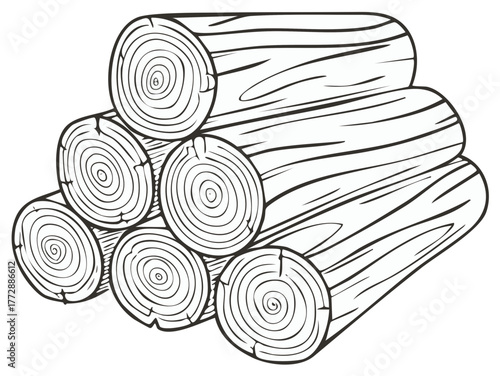 Black and white outline drawing of stacked wood logs, natural firewood timber