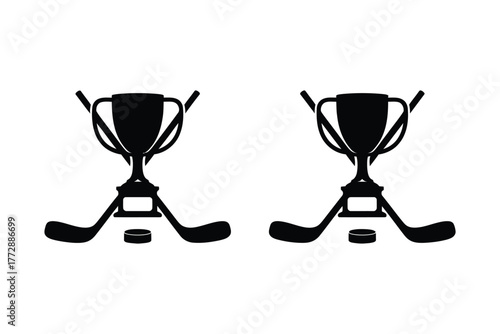 Hockey trophies with crossed hockey sticks silhouette, sports award illustration, ice hockey championship symbols