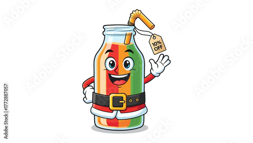 Refreshing Juice Offer: A vibrant juice bottle character, adorned with a Santa-themed costume, offers a cheerful greeting, accompanied by a special discount tag. Inviting and festive.